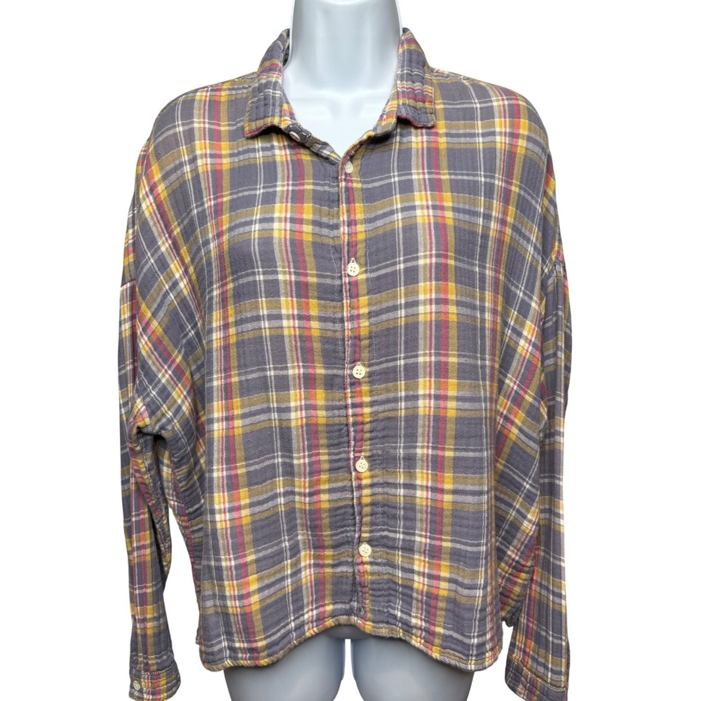 CP SHADES Womens Gray Blue Plaid Button Up Shirt L Gauze Lagenlook Boho Rustic